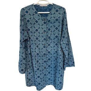 Blue cotton duster with quilt block pattern